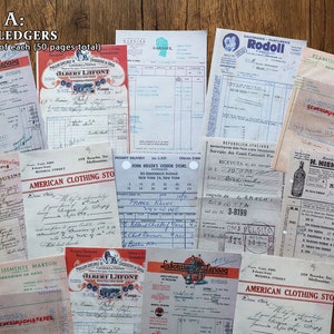 May include: A collection of vintage ledger pages with various designs. The pages are printed on aged paper and feature handwritten text and numbers. The pages are in various sizes and shapes, and some have decorative borders. The pages are arranged in a random order on a wooden surface.