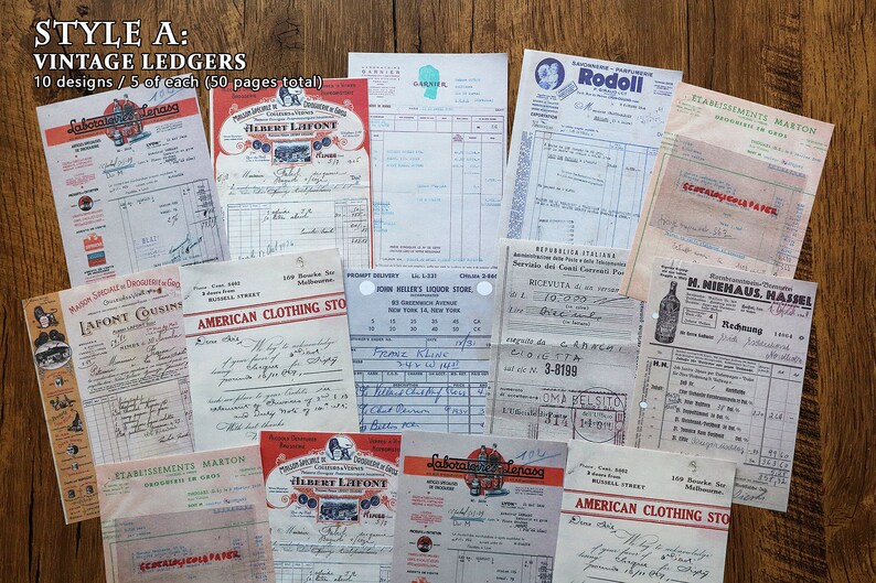 May include: A collection of vintage ledger pages with various designs. The pages are printed on aged paper and feature handwritten text and numbers. The pages are in various sizes and shapes, and some have decorative borders. The pages are arranged in a random order on a wooden surface.