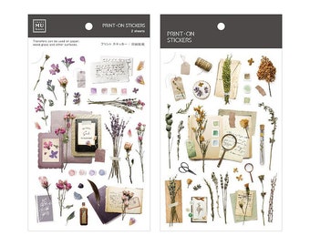 May include: Two sheets of vintage-style print-on stickers featuring dried flowers, botanical elements, and handwritten notes. The stickers are perfect for adding a touch of whimsy and charm to journals, planners, and other craft projects.