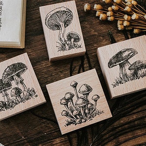 Set of 4 Mushrooms Wooden Stamps Set, Fungus Ilustrations Ligneous Stamp for Crafting and Journaling, Nature Inspired Design
