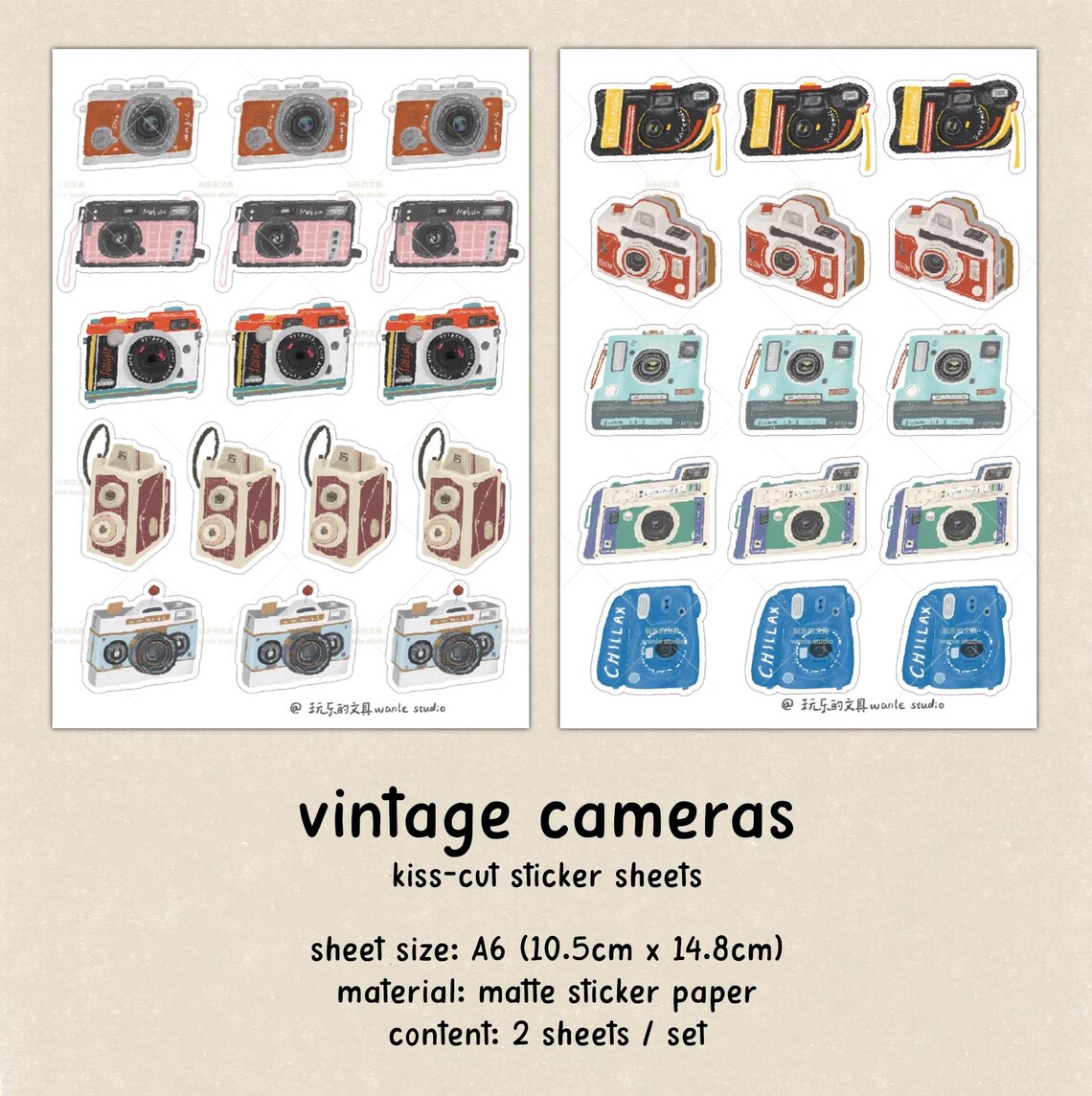 Set of 2 Vintage Camera Sticker Sheets Set, Wanle Studio Kiss-cut ...