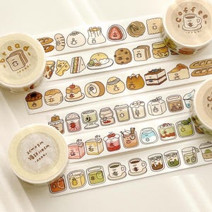 Food and Drinks Washi Tape, XXKK Studio Illustrated Masking Tape, Bubble Tea, Coffee, Donut, Bread Sticker Tape for Planner and Journal
