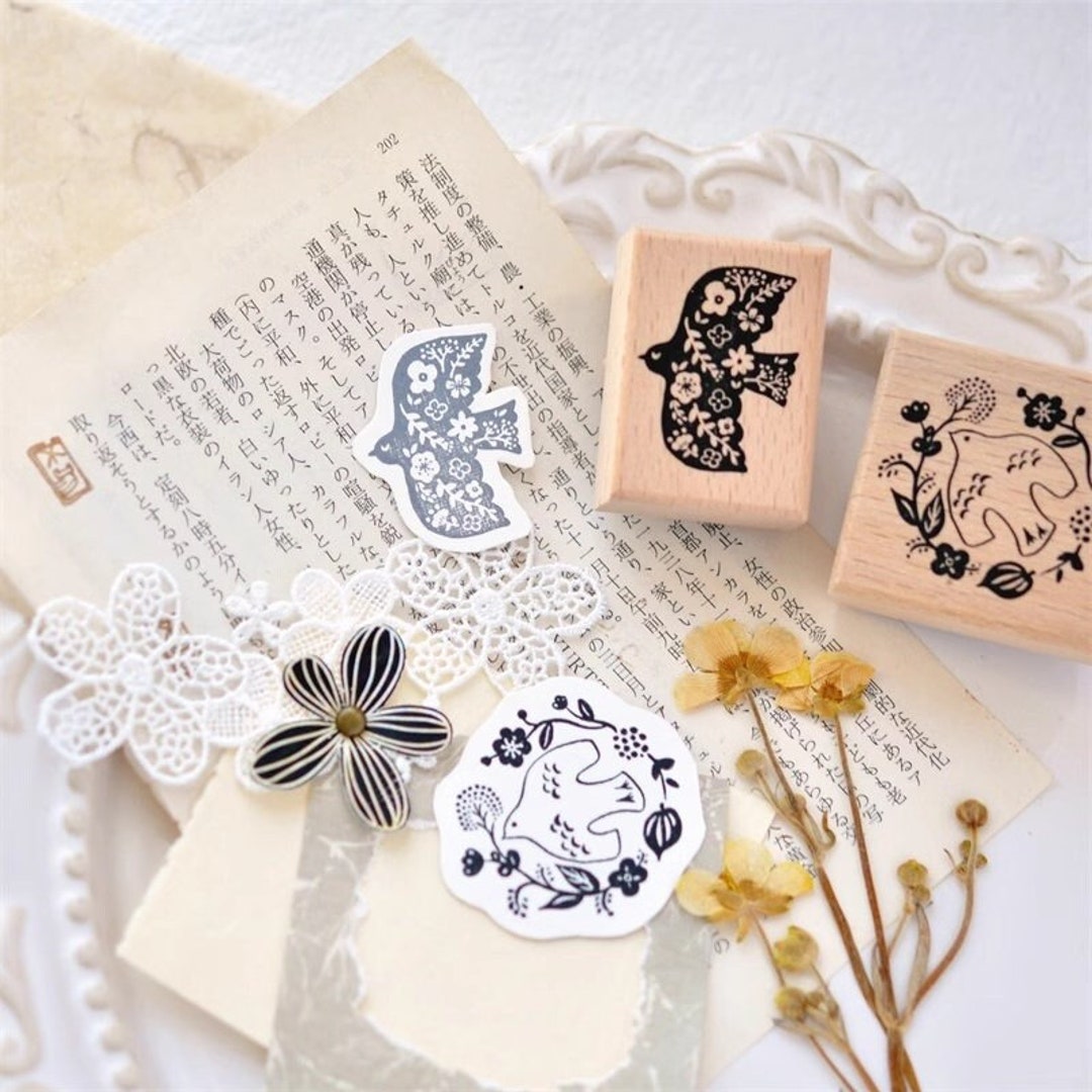 Flower Birds Rubber Stamps, Bird and Flower Wreath Wooden Stamp, Simple ...
