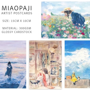 ミャオパジアーティストのイラストポストカード、女の子と猫のポストカード、花畑、海、日常生活をテーマにした水彩画