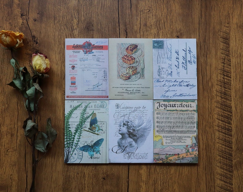 Vintage Prints Paper Pad, Botanical Illustration, Ledger, Sheet Music, Postcard Recipe Card Prints for Junk Journal, Ephemera Full Set (all 6)