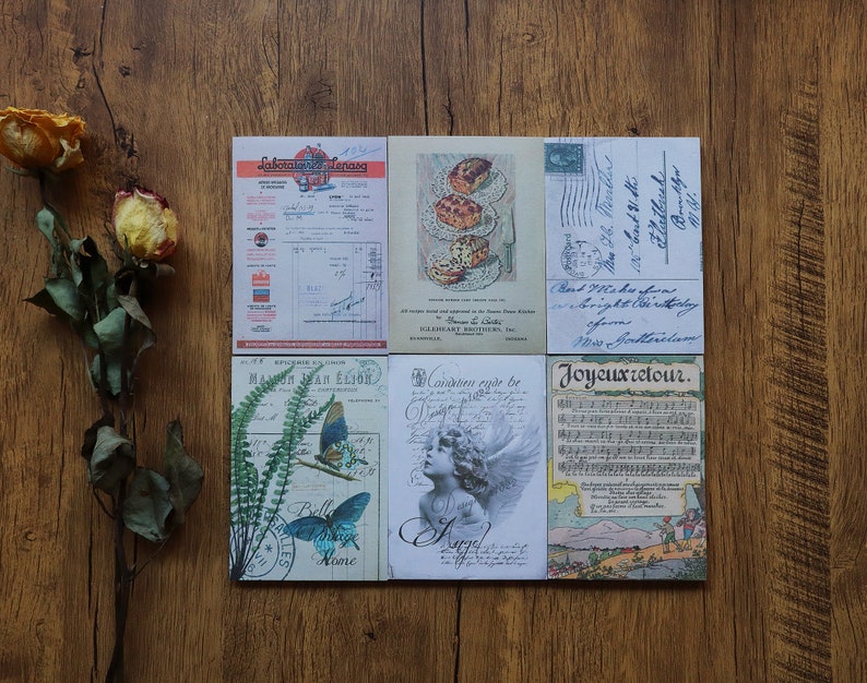 May include: Six vintage postcards with various designs. The postcards feature images of butterflies, flowers, a musical score, a handwritten note, and a bakery. The text on the postcards includes "Laboratories Lepas", "Epicerie Elion", "Condition rigde be", "Mrs Gotterelam", and "Joyeuxretour."