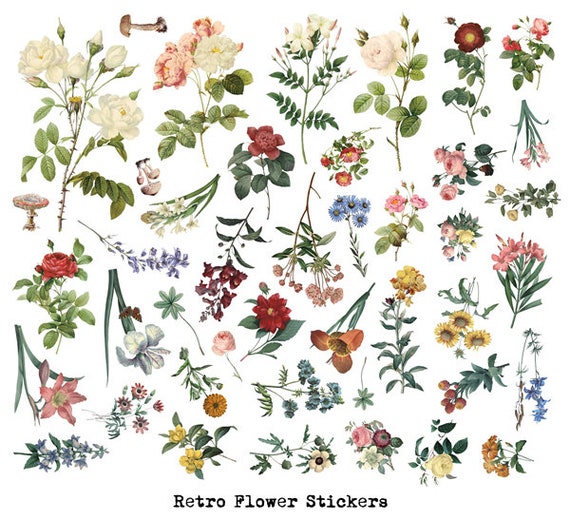 40 PCS Vintage Flowers Stickers Pack, Translucent Flowers Sticker Sack,  Planner, Scrapbooking, Plants, Garden 