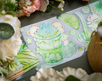 Lemonade Bear Illustration Tape, Teddy Bear and Ice Cream Washi Tape, Komos Studio Masking Tape, PET Clear Tape, Kawaii Stationery