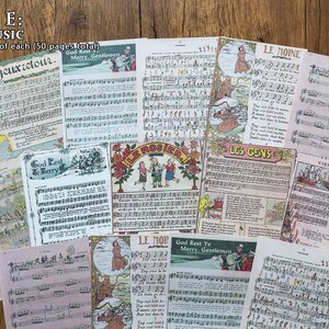 May include: A collection of vintage sheet music pages featuring various French and English songs. The pages are printed on cream-colored paper with black ink and feature illustrations of people and scenes. The titles of the songs include "Joyeuxretour", "God Rest Ye Merry, Gentlemen", "Le Rosier", "Le Moine", "Les Gens", and "Les Filles de La Rochelle".