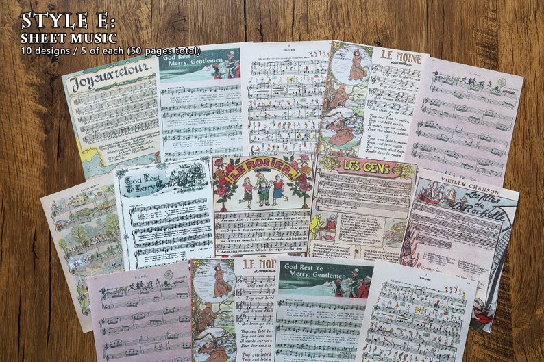 Vintage Prints Paper Pad, Botanical Illustration, Ledger, Sheet Music, Postcard Recipe Card Prints for Junk Journal, Ephemera Style E
