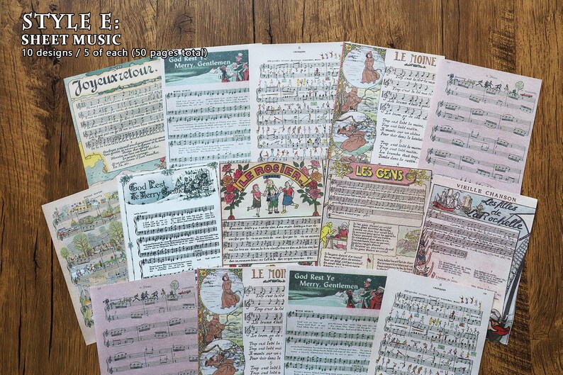 May include: A collection of vintage sheet music pages featuring various French and English songs. The pages are printed on cream-colored paper with black ink and feature illustrations of people and scenes. The titles of the songs include "Joyeuxretour", "God Rest Ye Merry, Gentlemen", "Le Rosier", "Le Moine", "Les Gens", and "Les Filles de La Rochelle".
