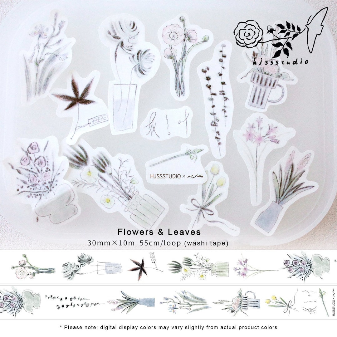 Flowers and Leaves Masking Tape, Plant Doodle Washi and PET Tape, Light