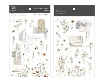 MU Lifestyle Print On Stickers 200, Moon and Flowers Rub On Sticker Sheet, White Peony, Wild Flower Print On Stickers for Planner