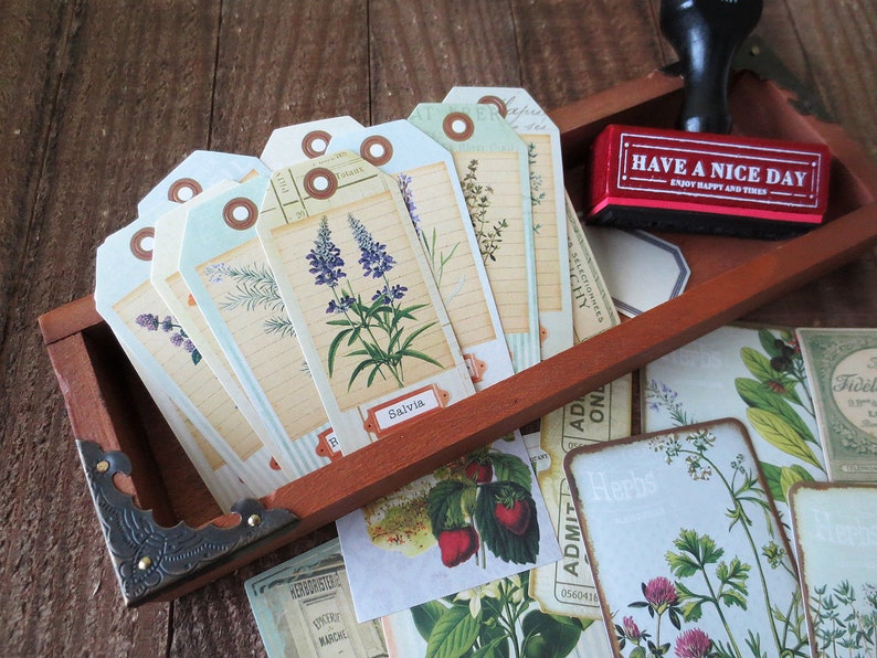 Botanical Tags Stickers Pack, Vintage Plants and Herbs Illustration ...