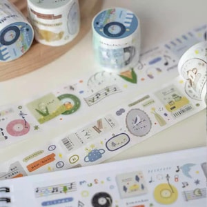 Muziek en vintage washitape, oranje studio geïllustreerde plakband, vinylplaat, stickertape muziekcassette voor planner en dagboek