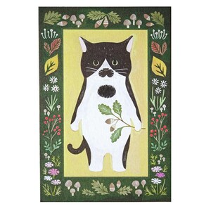 Postal de gato Tuxedo, postal ilustrada de 4 patas, gatito y plantas del bosque, tarjeta de felicitación con forma de hongo, tarjeta de cumpleaños