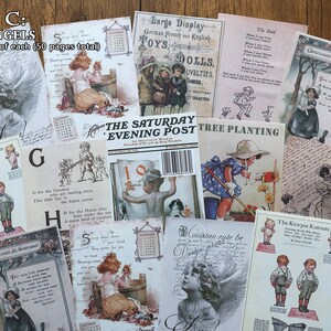 May include: A collection of vintage style paper ephemera with illustrations of children, angels, and text. The papers feature a variety of designs, including a child planting a tree, a child with a Kewpie doll, and a child reading a book. The papers are perfect for scrapbooking, card making, and other craft projects.