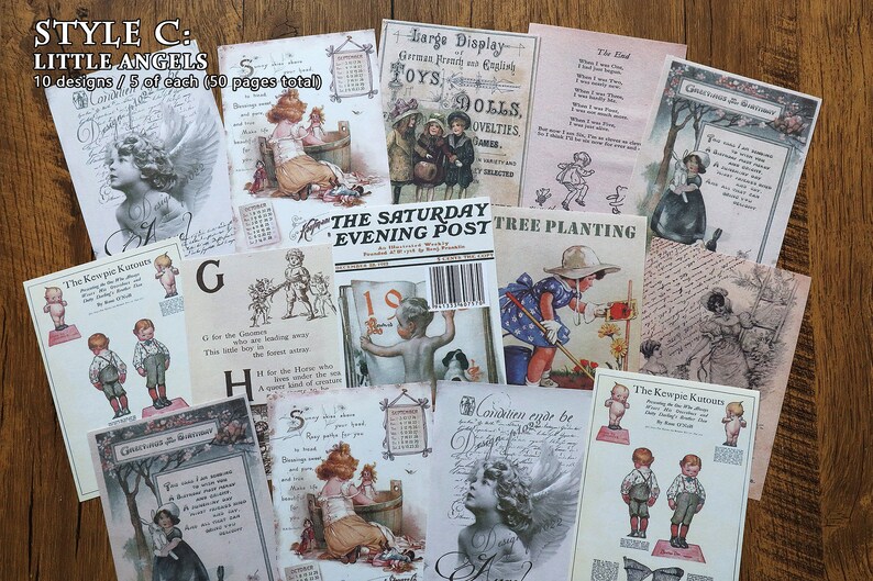 May include: A collection of vintage style paper ephemera with illustrations of children, angels, and text. The papers feature a variety of designs, including a child planting a tree, a child with a Kewpie doll, and a child reading a book. The papers are perfect for scrapbooking, card making, and other craft projects.