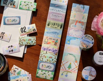 Days of the Week and Little Flower Label Sticker Tape, Perforated Sticker Tape
