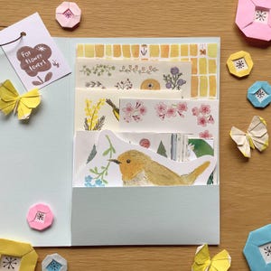 Conjunto de artigos de papel com tema de pássaros, design original de 4 pernas, cartão postal de pássaros e papel decorativo para colagem e scrapbook, papelaria japonesa