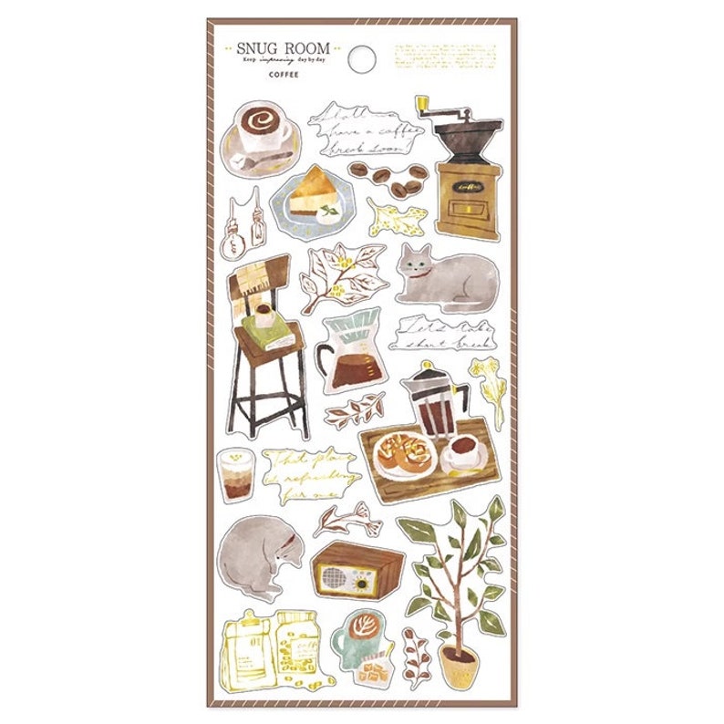 May include: A sheet of stickers featuring illustrations of coffee, pastries, cats, and plants. The stickers are in a watercolor style and have a warm, cozy aesthetic. The text on the stickers includes "Snug Room", "Coffee", "Let's have a coffee break soon", and "That place is refreshing for me".
