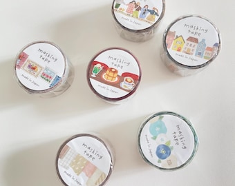 Mind Wave Seamless Die-Cut Washi Tape, Cafe Food, Row of Houses, People, Blue Flowers, Tape Strip, Stamp Masking Tape, Japanese Stationery