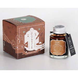 May include: A brown box with a film reel design and the text "Nostalgic Honey" on the front. A brown glass bottle of ink with a silver lid and the text "Nostalgic Honey" on the label.