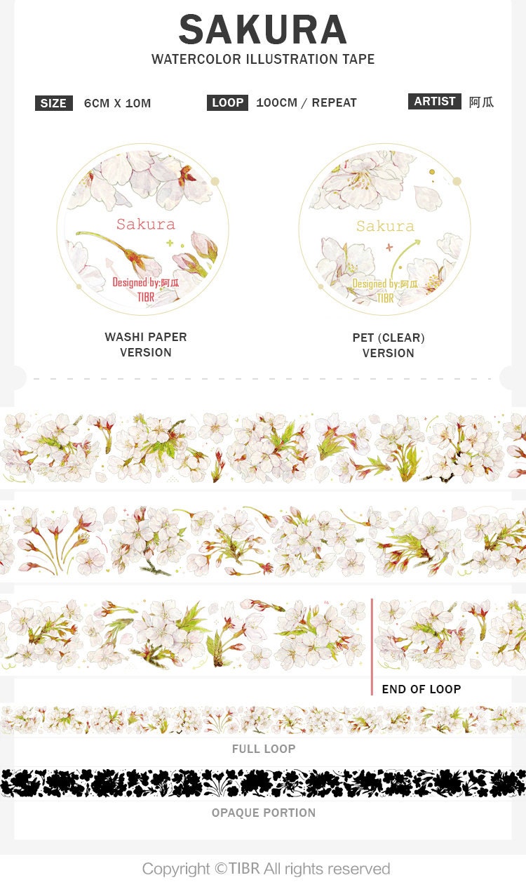 White Cherry Blossom Washi and PET Tape, Extra Large Watercolor Flower ...