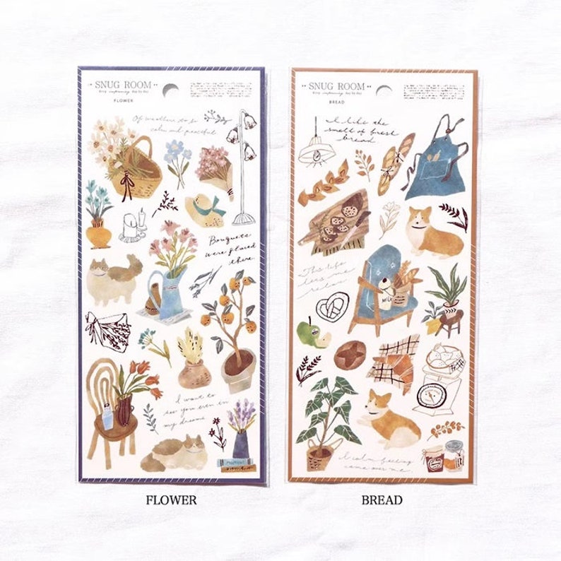 May include: Two sheets of stickers with illustrations of flowers, plants, animals, and other objects. The sheet on the left has the word "FLOWER" printed at the bottom. The sheet on the right has the word "BREAD" printed at the bottom.