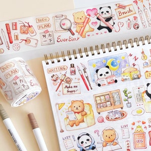 Taśma Washi Work Hard, EverEin, Panda i Brown Bear, taśma maskująca do codziennego życia, praca, do zrobienia, naklejka do planera Kawaii