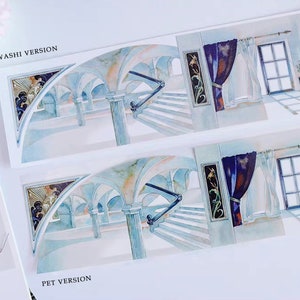 May include: Two decorative washi tape designs featuring a watercolor illustration of a grand, white, arched hallway with a staircase. The top design has the text "WASHI VERSION" and the bottom design has the text "PET VERSION".