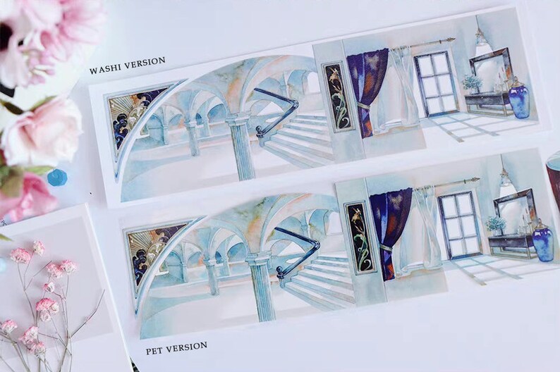 May include: Two decorative washi tape designs featuring a watercolor illustration of a grand, white, arched hallway with a staircase. The top design has the text "WASHI VERSION" and the bottom design has the text "PET VERSION".