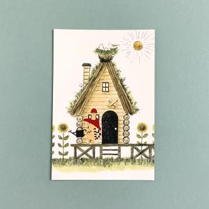 Cartão postal de gato cogumelo de verão, cogumelo Penchant, cartão postal ilustrado 4Legs, cartão de felicitações de gatinho e girassol, cartão de aniversário de cabana