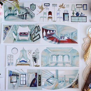 May include: A set of five watercolor illustrations featuring various scenes from a grand, ornate house. The illustrations depict a staircase, a bedroom, a hallway, a living room, and a dining room. Each illustration is framed with a white border.