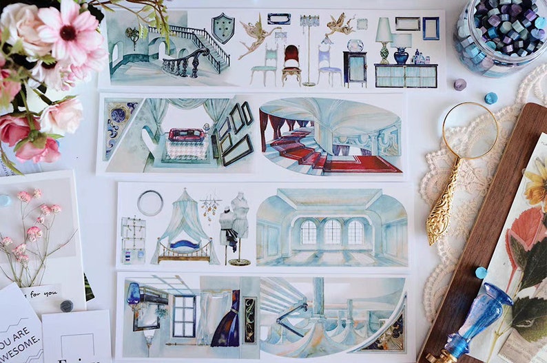 May include: A set of five watercolor illustrations featuring various scenes from a grand, ornate house. The illustrations depict a staircase, a bedroom, a hallway, a living room, and a dining room. Each illustration is framed with a white border.