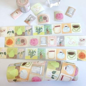 Een kopje thee Washi-tape, lacreme plakband, theekopjes en mokken Oliepastelschildering decoratieve tape, appel, kamerplant stickers voor dagboek