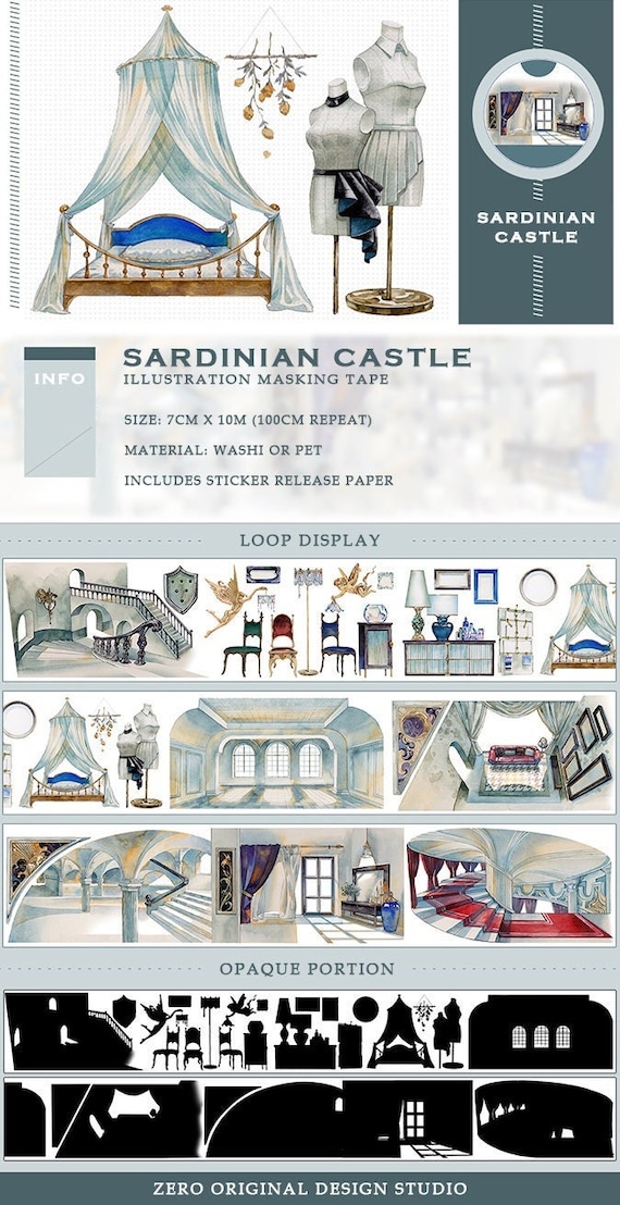 Tape Sample, Sardinian Castle Washi Tape Sample for Collage, Art Journal and Planner, Staircase, Building, XL Background Sticker Tape