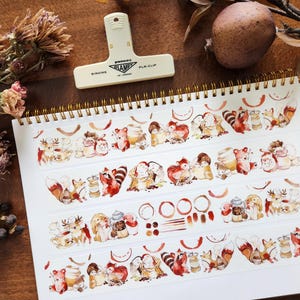 Ruban adhésif Washi avec animaux de l'heure du café, ruban d'illustration d'artiste, lapin, cerf, ours, tamia, renard, hibou, hérisson, masking tape taïwanais