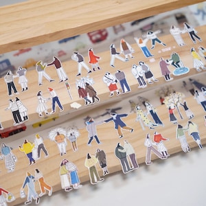 Wanle Studio Us Two Sticker Tape, Kiss-Cut Sticker Masking Tape, People, Walking at the Park, Daily Life Planner Sticker, Journal Supply