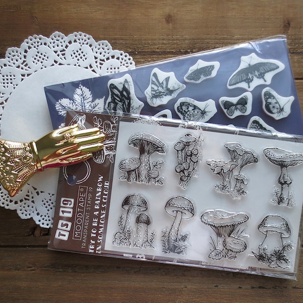 Papillons et champignons Acrylic Stamp Set, Butterfly, Mushroom, Nature Themed Stamps for creative journal, Plants Clear Stamps