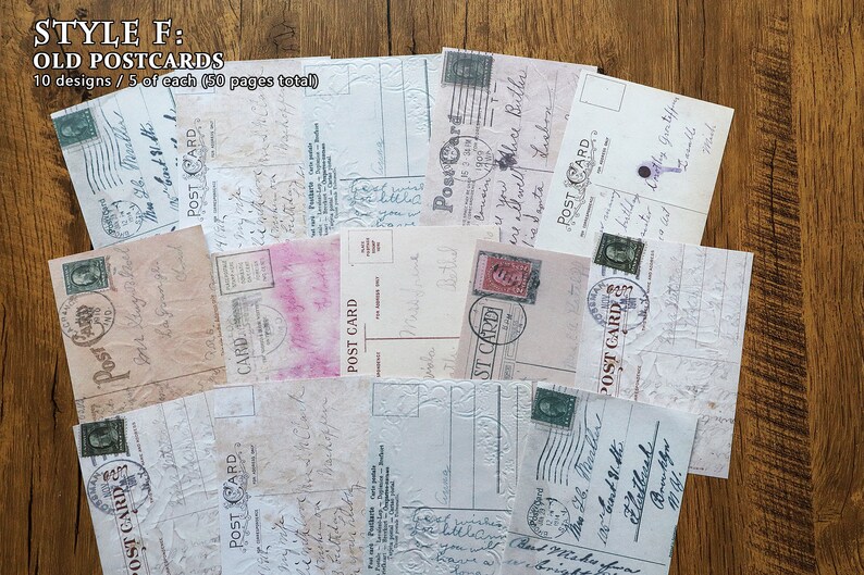 May include: A collection of vintage postcards with handwritten messages and stamps. The postcards are in various shades of cream, white, and pink. The text on the postcards reads "POST CARD" and "OLD POSTCARDS".