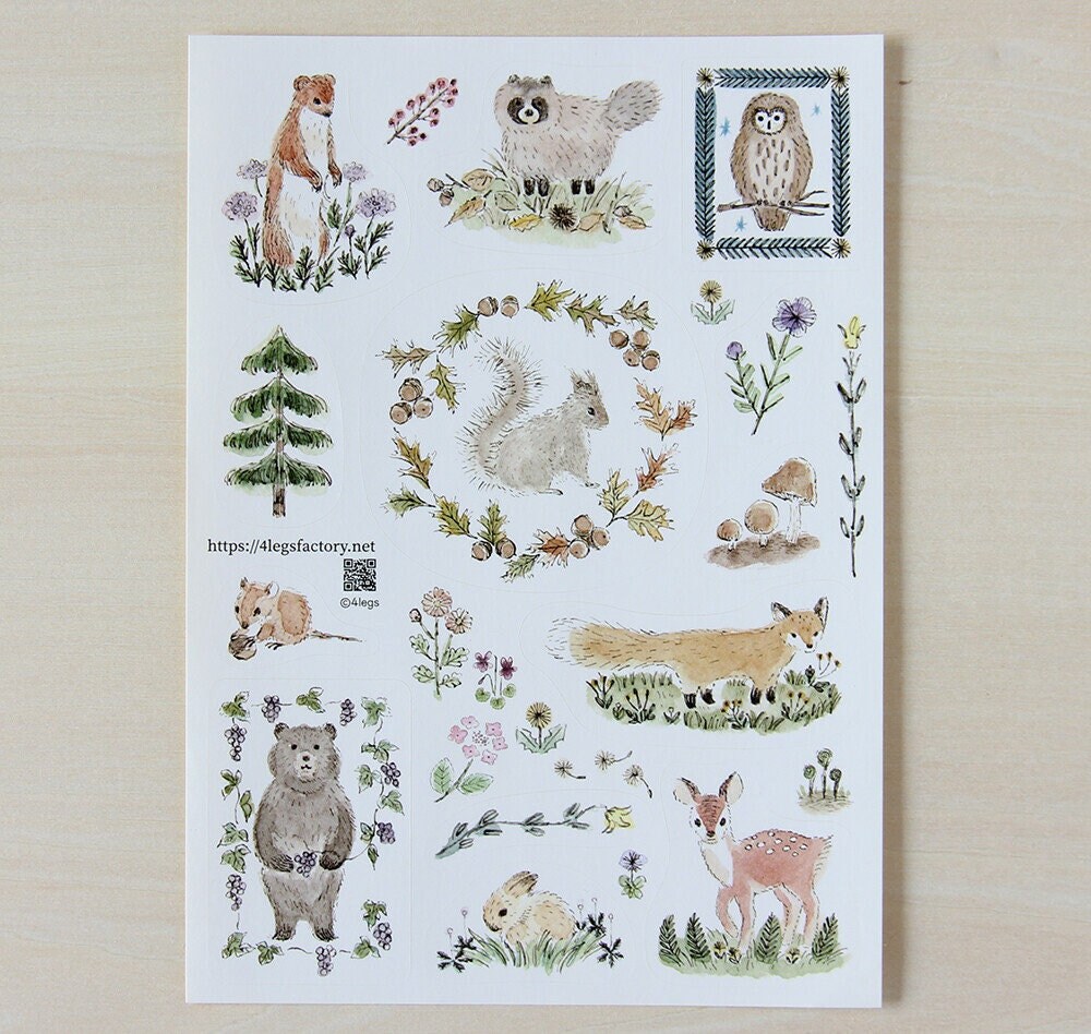 4Legs Animals Sticker Sheet, Bear, Raccoon, Fox, Deer Kiss-Cut Sticker Sheet, Owl, Artist Illustrated Planner and Journal Sticker
