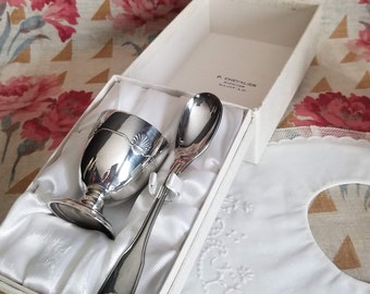 Antique French Christofle egg cup and spoon, christening present box set