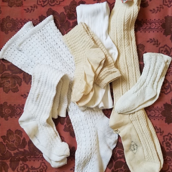French antique white and cream long socks, stockings. Four pairs available