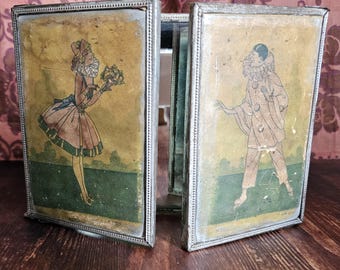 Francuski antyczny tryptyk z lustrem fryzjerskim z Pierrotem i Kolumbiną