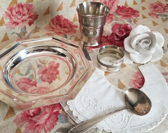 Antique French Christening silver-plated set: tumbler, spoon, plate and napkin ring