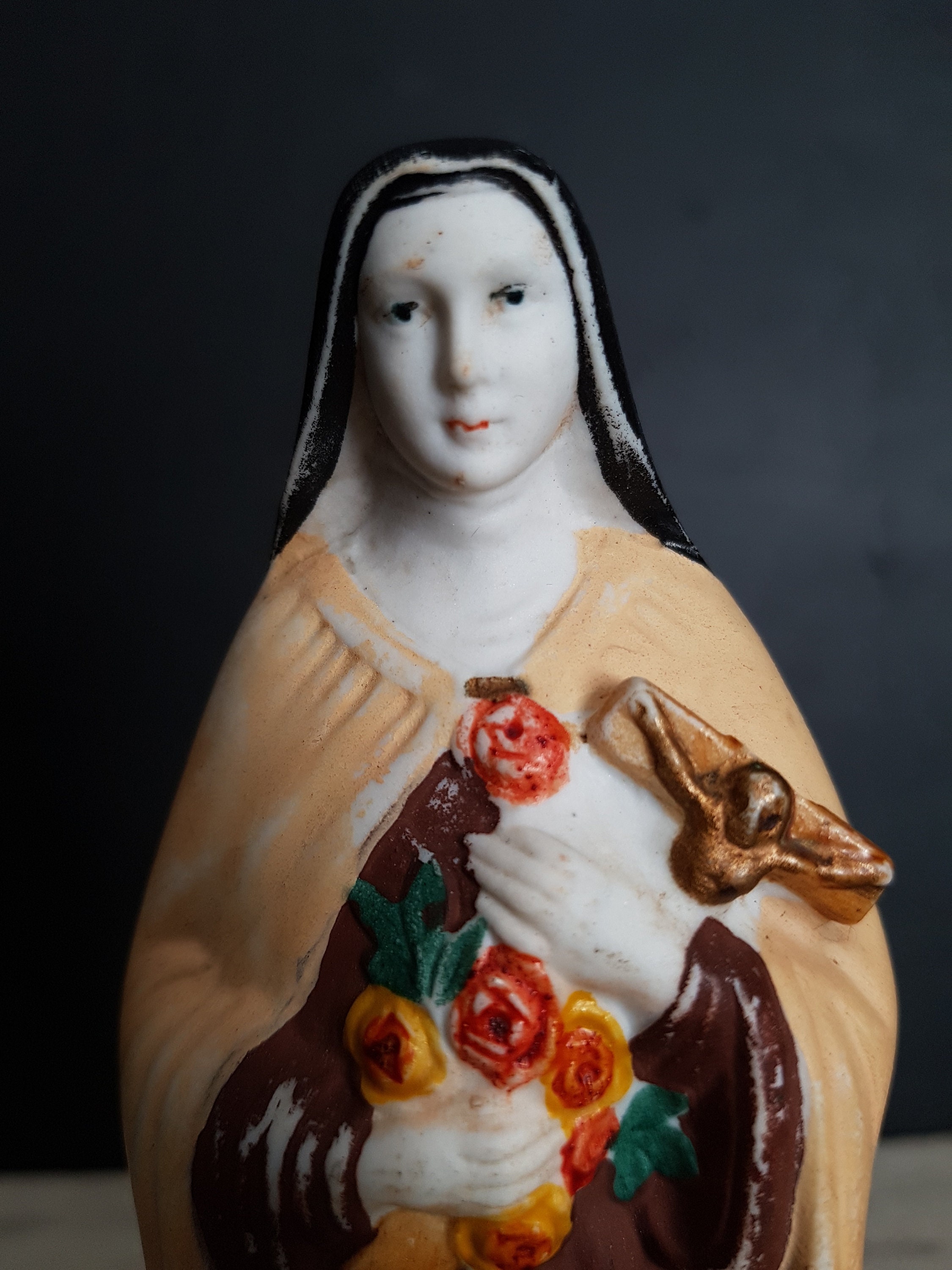 Vintage French polychrome porcelain Religious Statue St Therese of