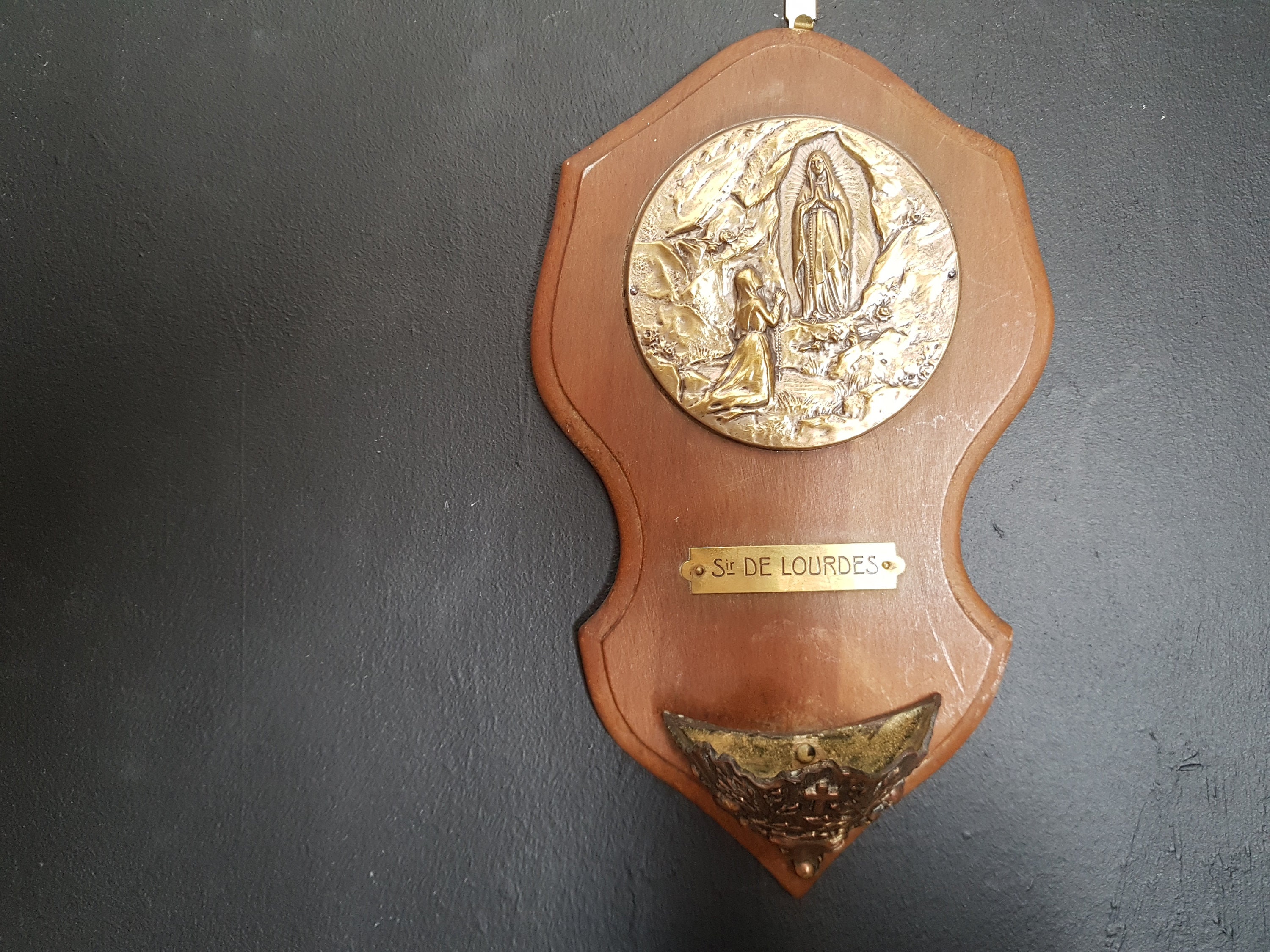 Français Plaque Antique de Lourdes. Police d'eau Bénite.