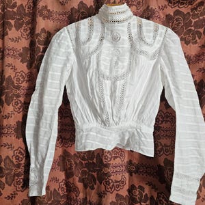 French antique light cotton blouse with crochet lace parts