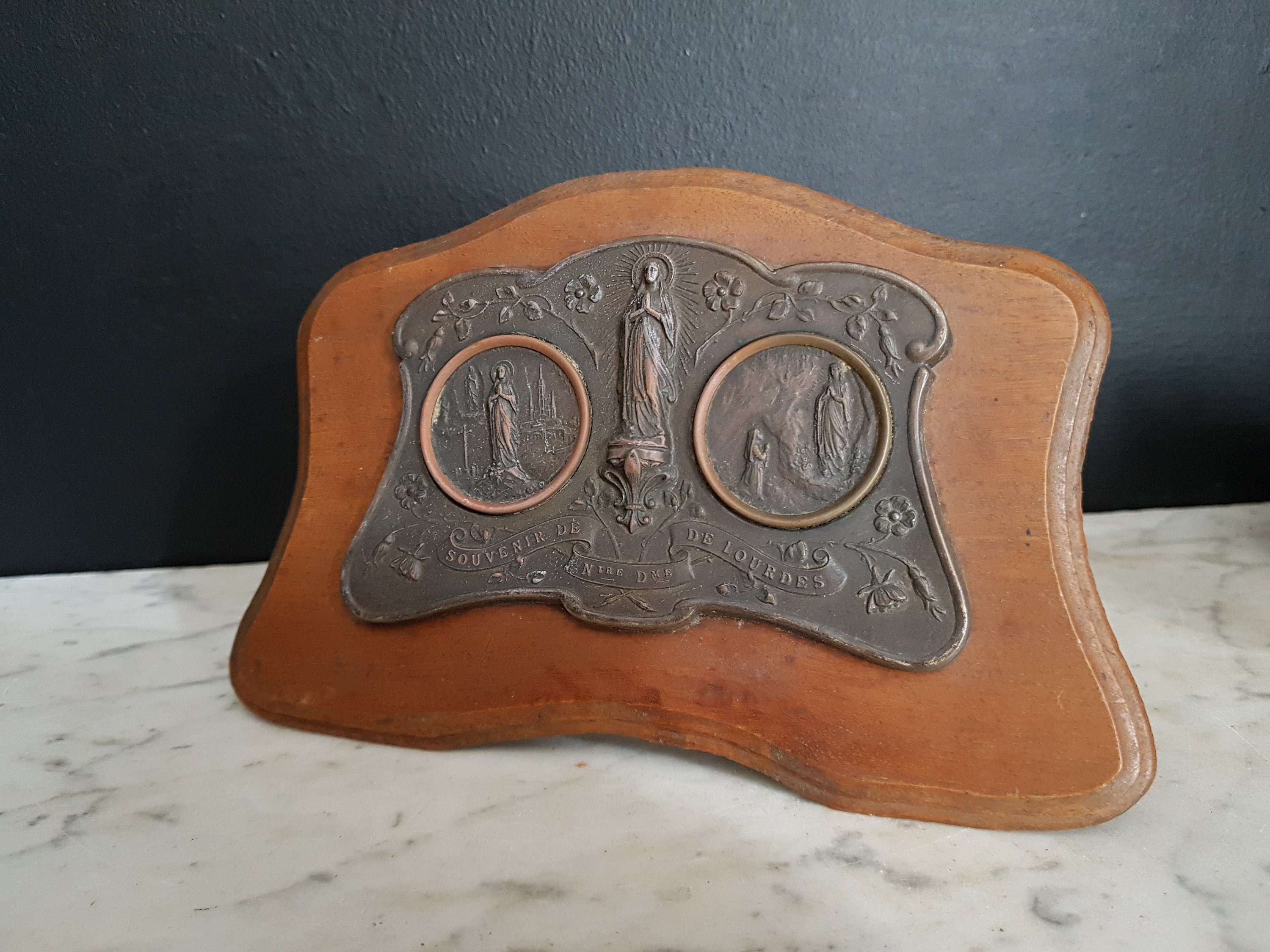 Français Souvenir Antique Du Cadre de Bureau en Bois Lourdes, Notre-Dame Lourdes